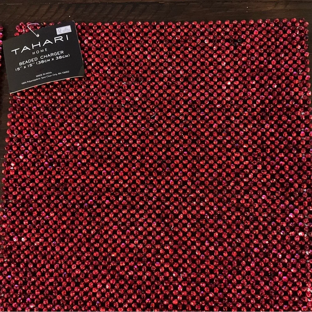 2 Tahari Beaded Chargers Placemats 15” Square Shimmer  Sparkle Red Set Of 2